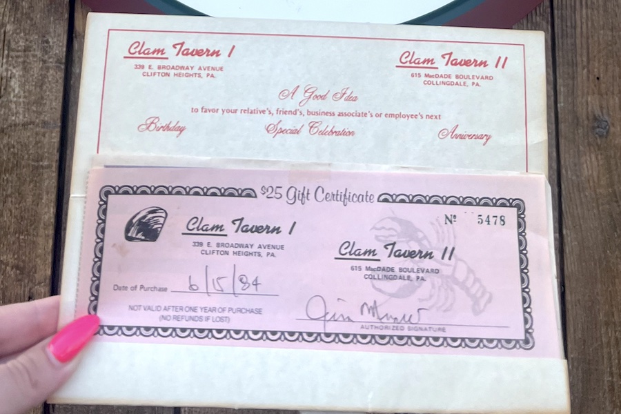 The Clam Tavern gift certificate from 1984