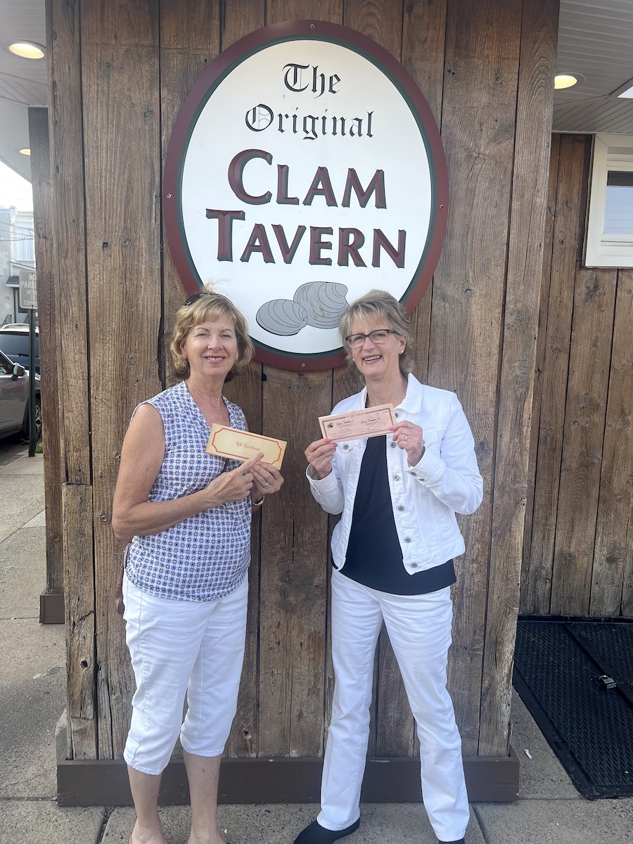 Sisters Sue Holden (left) and Cindy Miller, who recently tried to redeem a 40-year-old gift certificate at the Clam Tavern in Clifton Heights, Delaware County