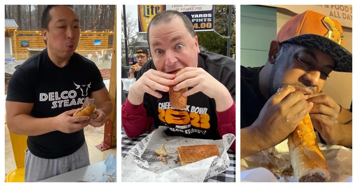 Participants in the cheesesteak eating competition organized by Delco Steaks