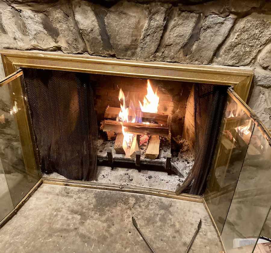 a fireplace inside a cabin at Parker Dam State Park in Pennsylvania