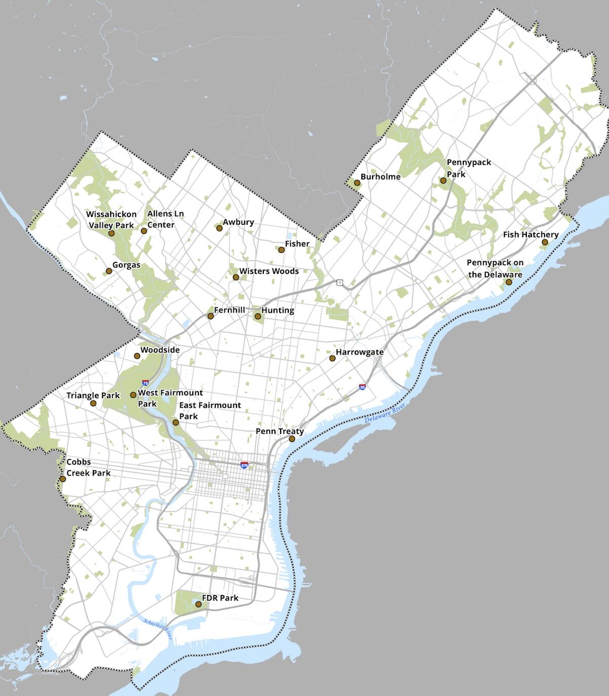 A map showing sites where you are allowed to grill in Philadelphia
