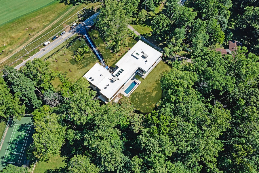 gladwyne modern glass house for sale overhead view