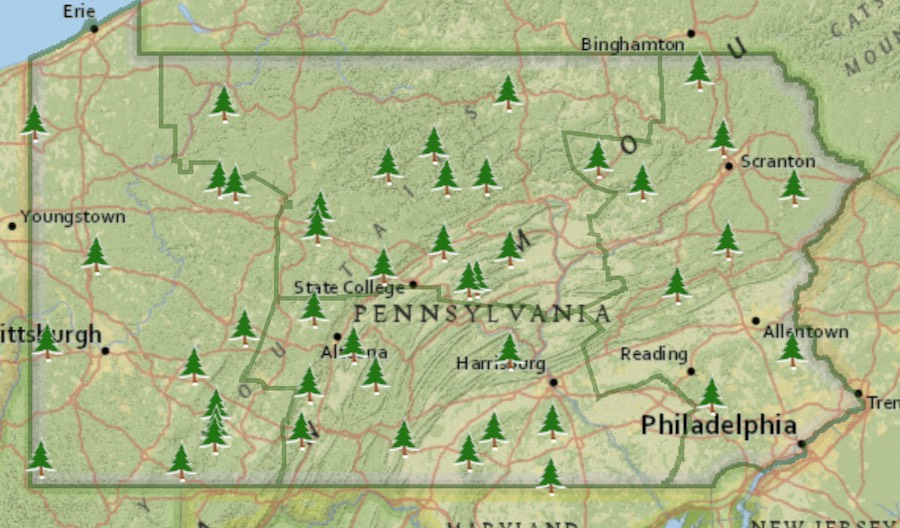 a map of state parks with cabins and yurts in pennsylvania