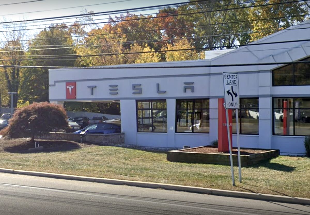The Tesla dealership in Devon, site of a local Takedown Tesla protest outside of Philadelphia