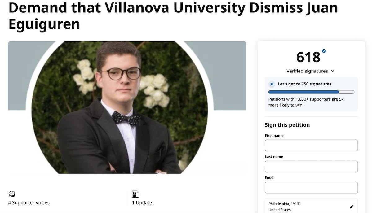 A screenshot of the Change.org petition demanding Villanova expel Juan Eguiguren